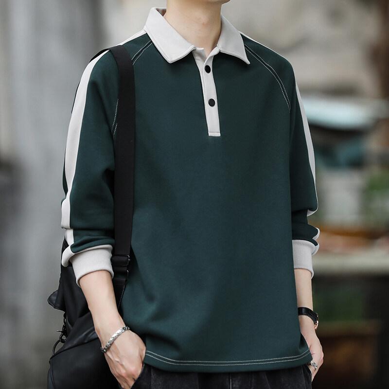 Весна Осень Модные Свободные Толстовки Мужские Отложной Воротник Длинный Рукав Лоскутная Модная Толстовка Мужская Хлопковая Повседневная Уличная Одежда 3XL зелёный 2289₽