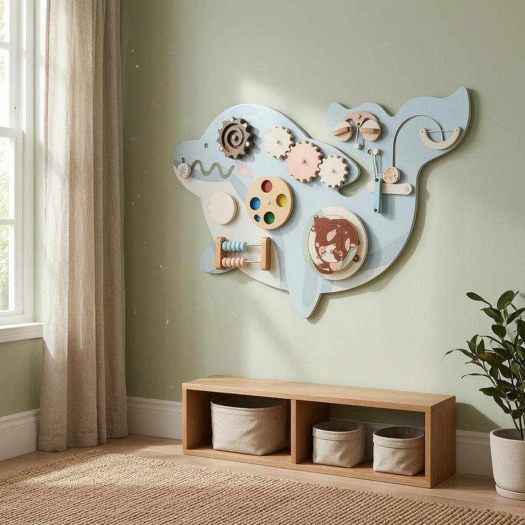 Dolphin Wall Board Light Blue and White Wooden Activity Panel Bead Maze