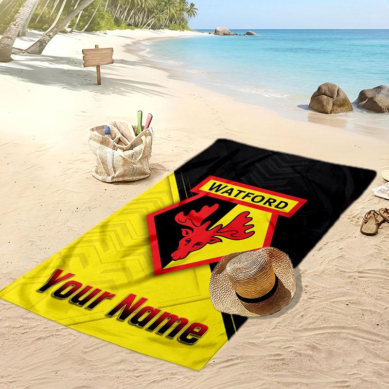 Watford FC Personalized Printed Beach Towel Soccer Logo Support Custom Name Text Absorbent Towel For Sport Travel Special Gift