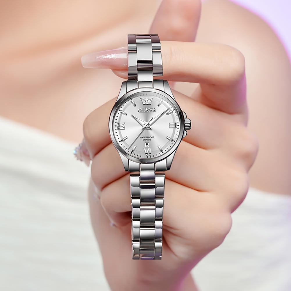 OLEVS Quartz Watch with Stainless Steel Classic Luminous 30M Water and Cute for Business or White Women's Band, Dial, Function, Resistance, Popular,