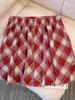 Plus Size Retro Red Plaid Woolen High Waist Slimming Mid-Length Skirt for Autumn/Winter.