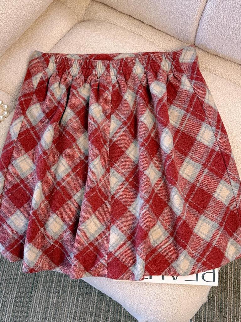 Plus Size Retro Red Plaid Woolen High Waist Slimming Mid-Length Skirt for Autumn/Winter.