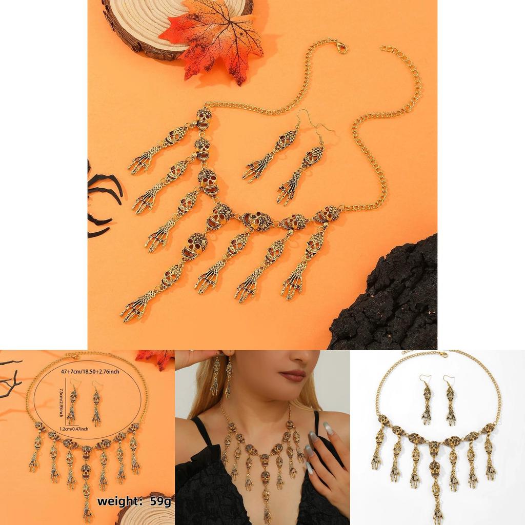 Halloween Skeleton Pendant Necklace And Earrings With Geometric Design For Women