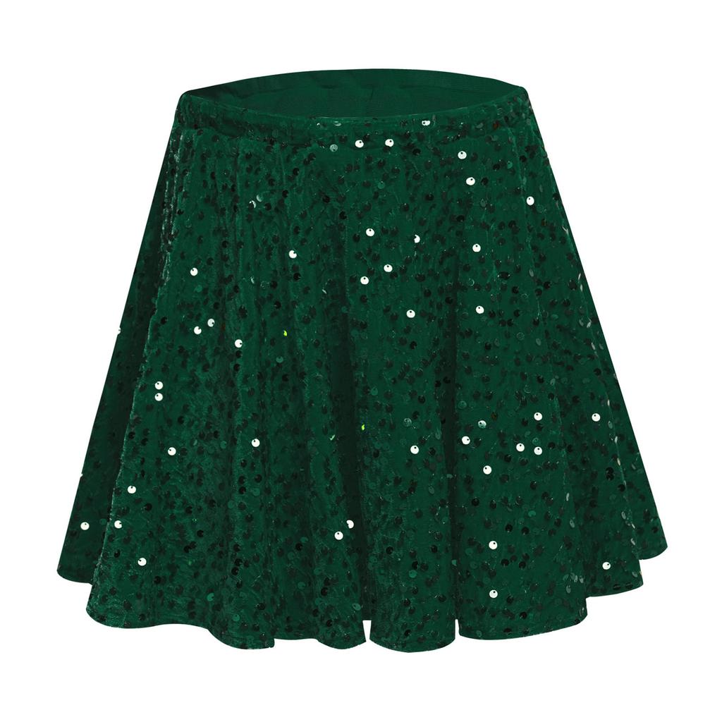 Dziewczęca aksamitna spódniczka do występów elastyczny pas falowany dół błyszczące cekiny strój na przyjęcie bożonarodzeniowe