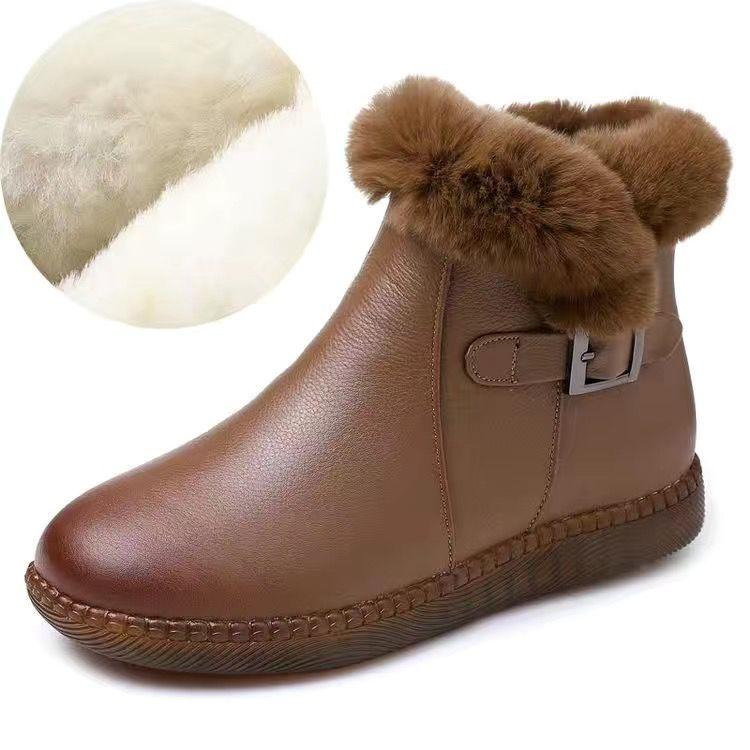 Flat-bottomed Short Boots, Women's Winter Mother Shoes, Rabbit Fur Thick Cotton Shoes, Women's Boots, Soft-soled Plus Velvet Leather Shoes, Snow Boots
