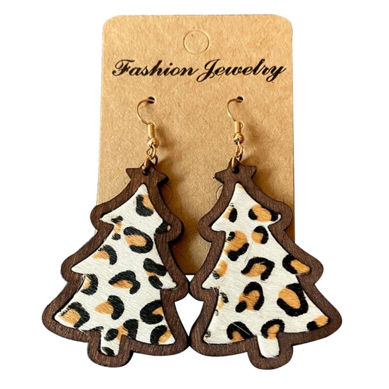 Wood Christmas Tree Dangle Earrings Women Leopard Grow Print Genuine Leather Christmas Earring New Year Ear Jewelry Gift