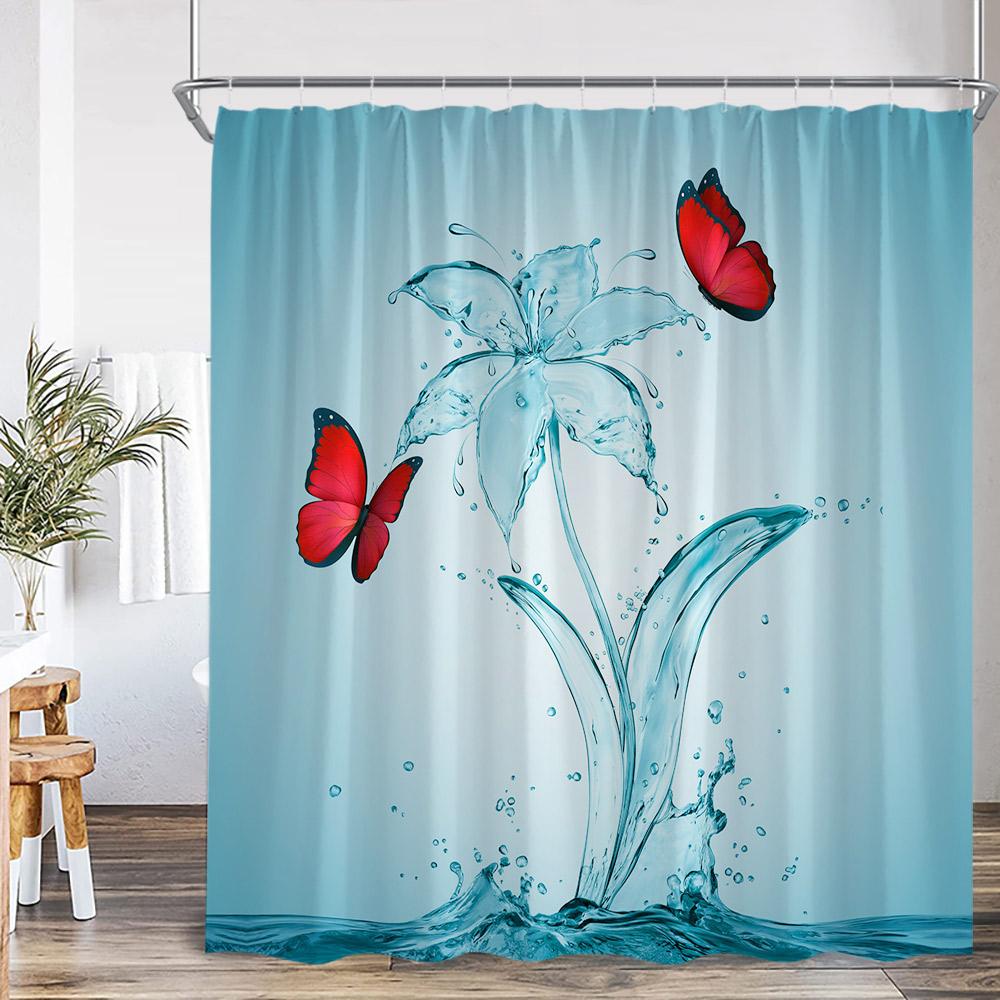 Butterfly Shower Curtains Multicolored Flowers Pastoral Floral Bathroom Decorations Rustic Polyester Bath Curtains with Hooks