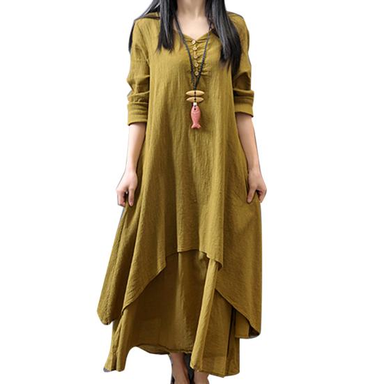 Women Cotton Linen Asymmetric Large Swing Button Loose Long Sleeve Maxi Dress