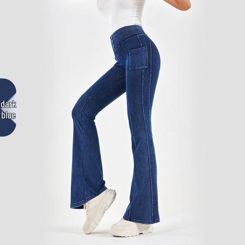 

Women s High-Waist Denim-Look Yoga Pants with Tummy Control, Hip Lift, Pockets, and Flare Leg - Perfect for Fitness or Casual Wear Extra Large темно-синий