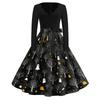 Women's Casual Vintage V Neck Dress Halloween Print Long Sleeve Retro Style A Line Midi Dress with Waist Tie Belt