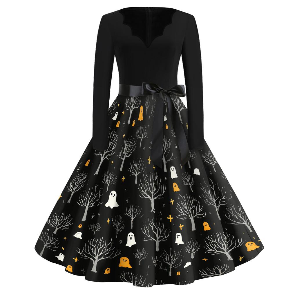 Women's Casual Vintage V Neck Dress Halloween Print Long Sleeve Retro Style A Line Midi Dress with Waist Tie Belt