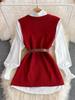 Neue Mode Koreanische Office Lady Revers Laternenärmel Weißes Hemd + V-Ausschnitt Strickweste Lässiges Zweiteiler Set Kleidung Damen