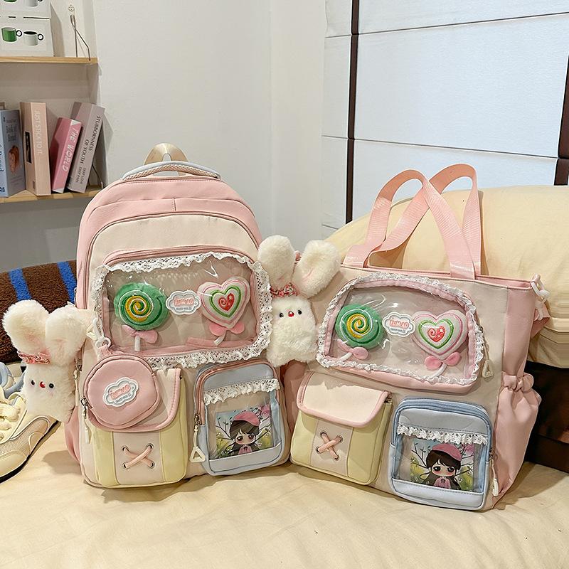 High value dopamine sweet contrasting color girl heart backpack college wind junior high school students multi-compartment backpack