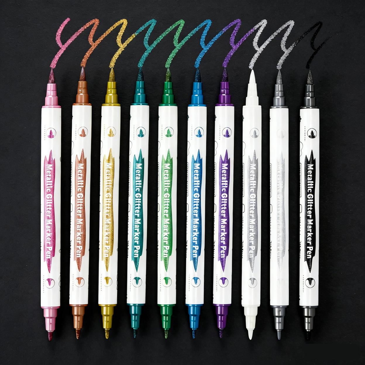 

10pcs Metallic Dual Tip Marker Pens - Brush & Fine Nib for DIY Album, Black Card, Scrapbooking & Craft