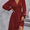 Polyester Vneck Lantern Sleeve Dress With Pleats For Casual And Party Wear