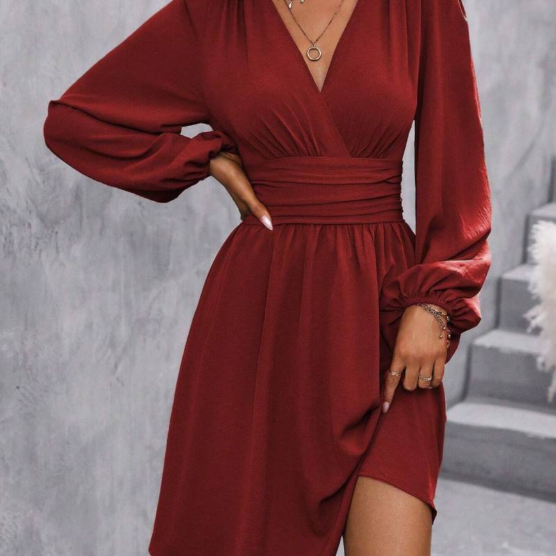 Polyester Vneck Lantern Sleeve Dress With Pleats For Casual And Party Wear