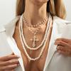 Hip-hop Punk Inlay Pearl Hollowed-out Cross Pendant Multi-layer Imitation Pearl Beaded Necklace for Women Fashion Charm Jewelry