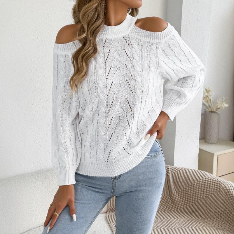 Womens Casual Solid Off Shoulder Long Sleeve Pullover Sweater