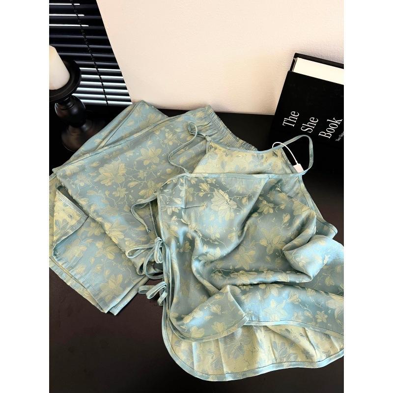 New Chinese high-end jacquard ice silk pajamas women's new summer suspender trousers loungewear skin-friendly and comfortable set