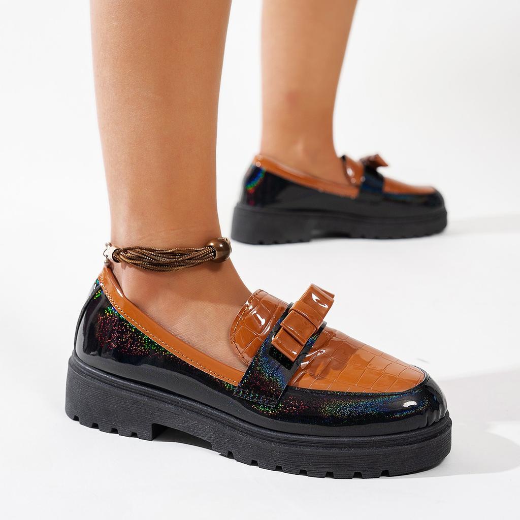 2025 new patent leather glossy bow retro loafers large size fashion casual mid-heel single shoes