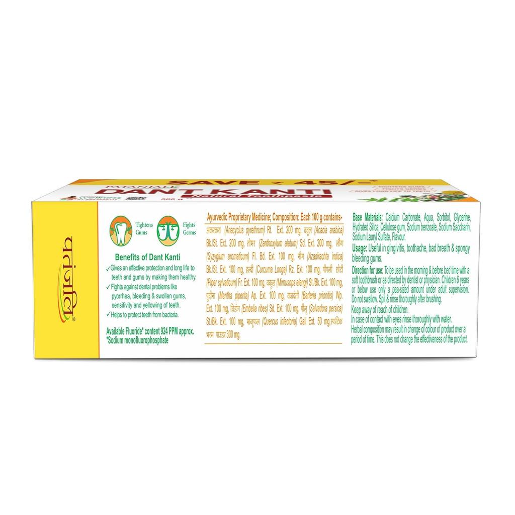 Patanjali Dant Kanti Natural Anticavity Toothpaste 500g Pack Herbal Oral Care Fresh Breath
