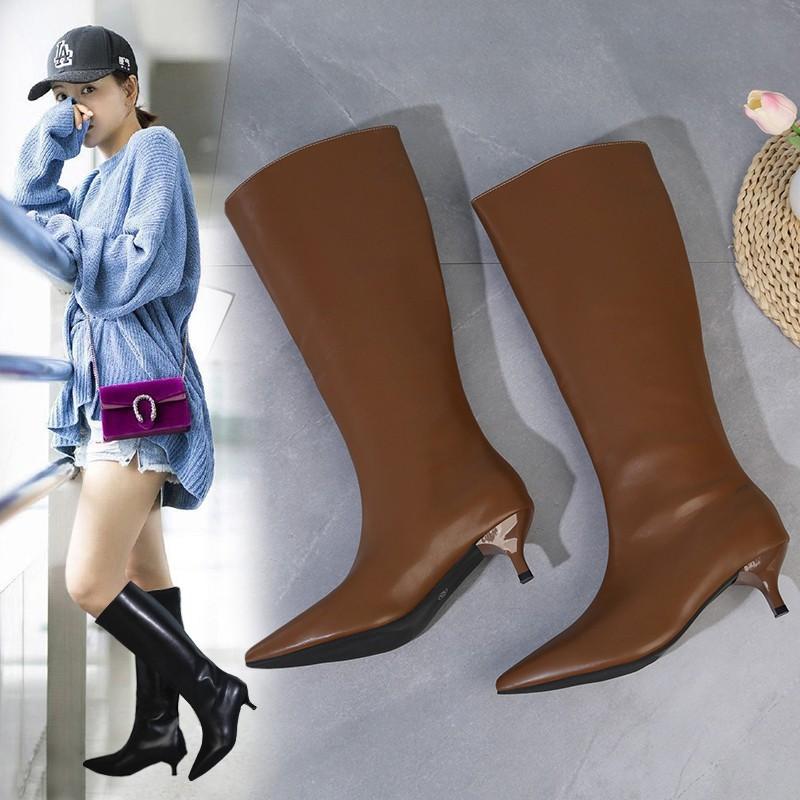 Off-white High Tube Elastic Thin Boots Women's Boots Temperament Simple Pointed Thin Heel But Knee Boots Women