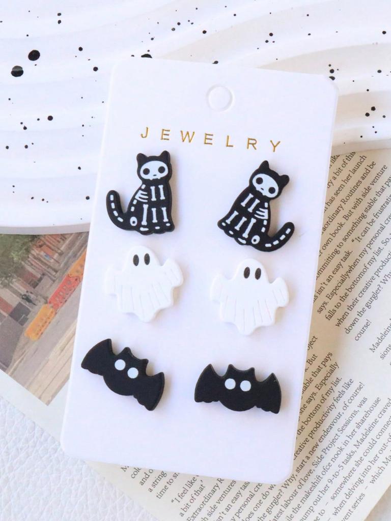 3pcs/Set Halloween Painted Stud Earrings Set - Cute Skull Shaped Earrings, Festive Party Gift