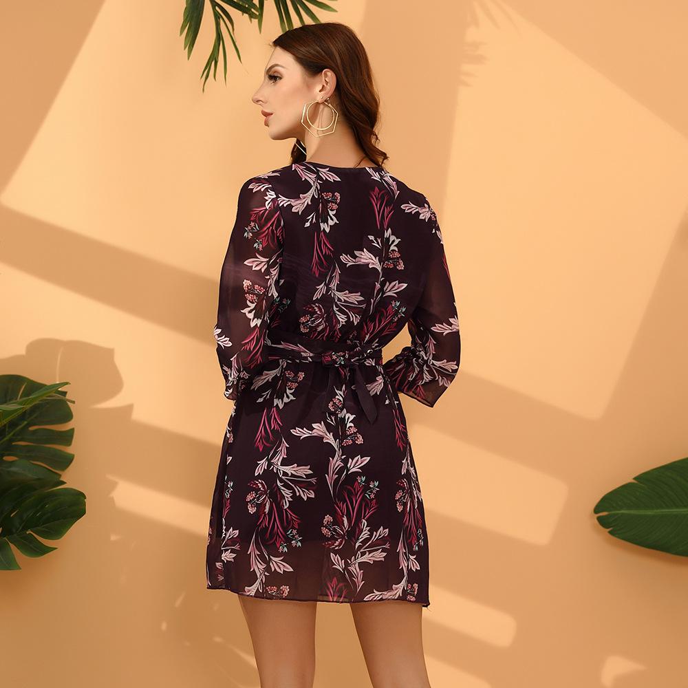 European and American Printed Sexy V-neck Chiffon Skirt Women's Autumn and Winter Dress
