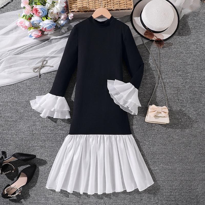 

Детское модное приталенное платье с расклешенными рукавами и юбкой «рыбий хвост» для весны и лета, элегантное черное платье принцессы для девочек 170cm=12Y чёрный