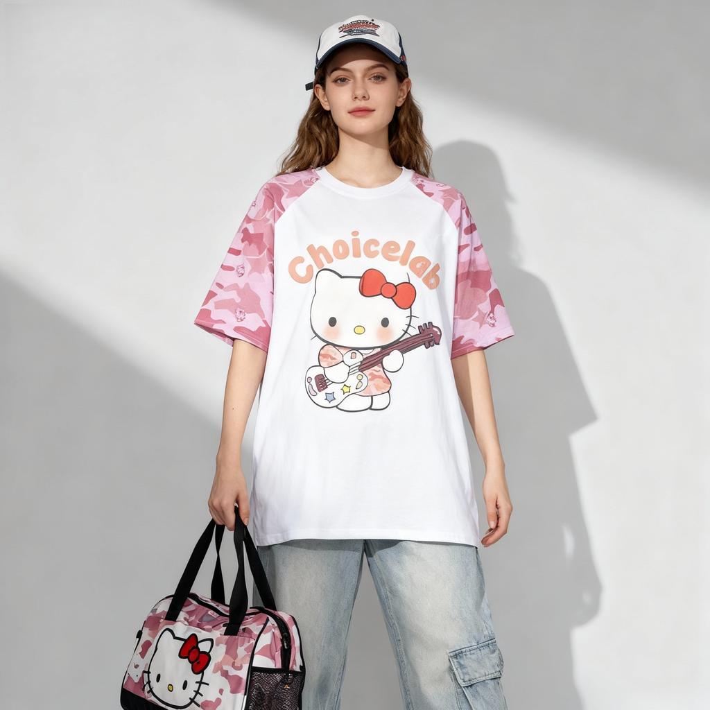 Camouflage Hello Kitty Shirt, Sweet and Cool Street Style, Summer Women's T-shirt, Loose Top