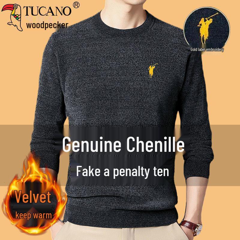 Woodpecker Men s Winter Chenille Sweater: High-End Embroidered Gold Label, Thick Velvet, Solid Color, Warm Round Neck Hoodie. 4XL (Recommended 185-200 cm)