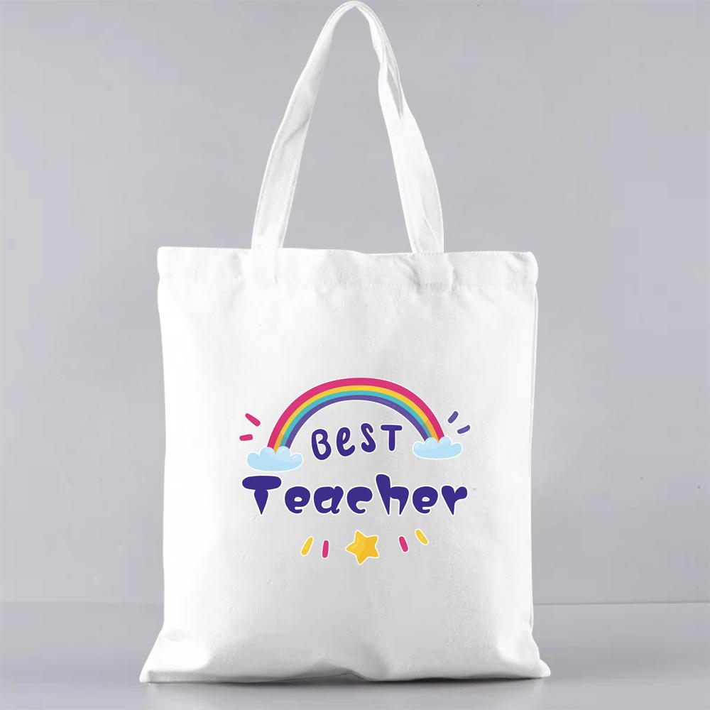 Fashion Shopping Bag Handbag Commuter Casual Shoulder Bag Reusable Canvas Bag White Cartoon Teacher Pattern Printing Tote Bag