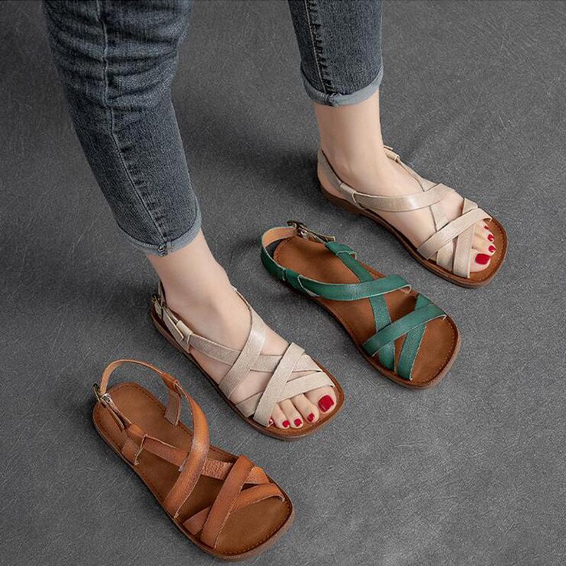Fashion GKTINOO Summer Sandals Ladies Open Toe Genuine Leather Women Sandals New Hollow Retro Handmade Comfortable Outdoor Beach Shoes