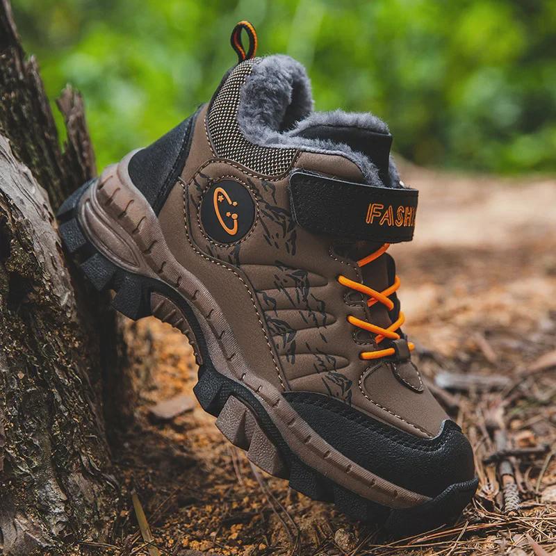 Зимние нескользящие хлопковые сапоги для мальчиков - теплые, с бархатной подкладкой, с толстой кожаной поверхностью