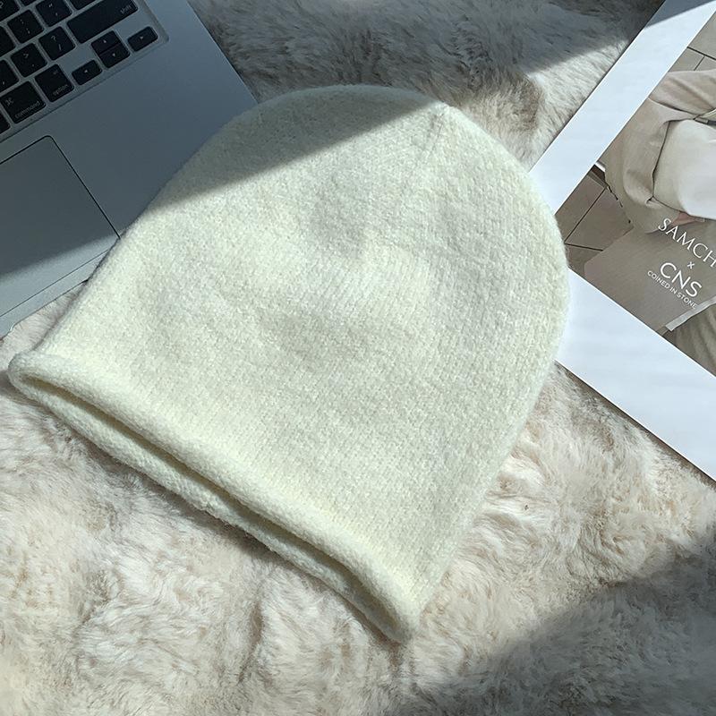 Grey Crimped Knitted Wool Hat Women's Autumn and Winter Face Small Pile Hat Big Head Circumference Ear Protection Warm Pullover Couple Hat