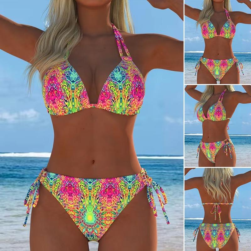 2026 New European and American Printed Bikini Split Swimsuit Women's Thin Lace-up Beach Fashion Swimsuit Suit