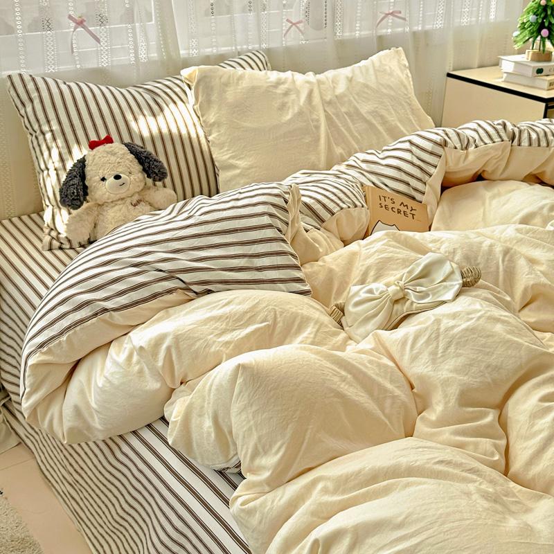 Striped Bedding Set Korean Style Duvet Cover Set Flat Sheets Set Single Twin Double Size Bed Linen Set Back To School Season