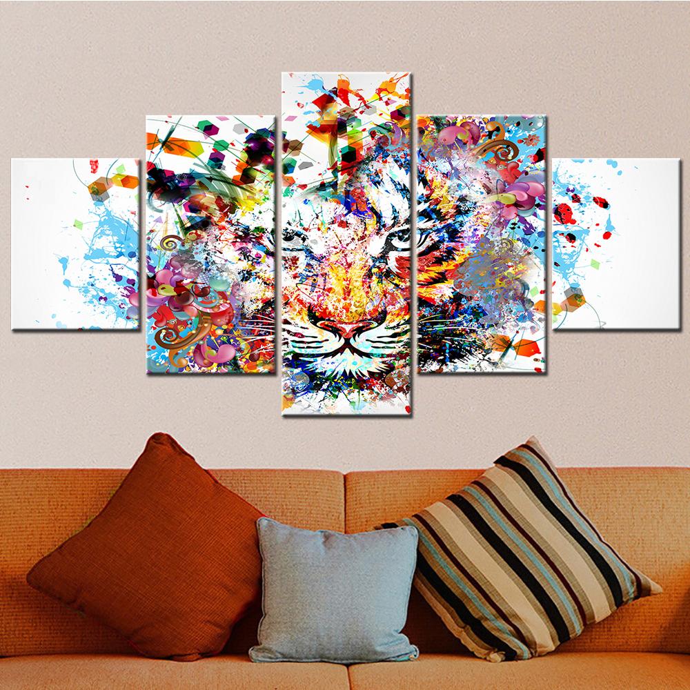 Abstrakt Färgstark Tiger Väggkonst Canvas Set 5 Paneler Djurmålning för Vardagsrumsinredning Modulär Husdekoration Poster
