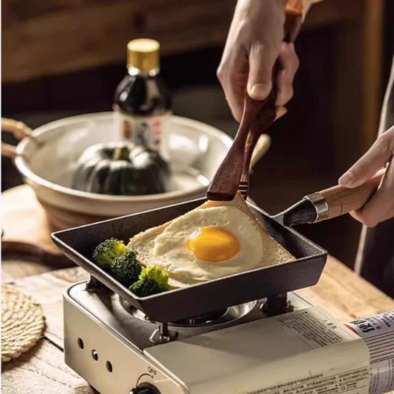 1Pc Cast Iron Pan Frying Tamagoyaki Omelette Black Non Stick Pan Fry Egg Pancake Kitchen Pot Cover Gas Cooker Induction