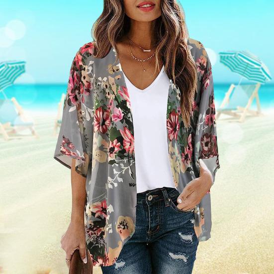 Women Beach Shirt Flower Print Thin Soft Short Sleeve Open Stitch Loose Breathable Sun Protection Anti-UV Lady Beach Cover-up