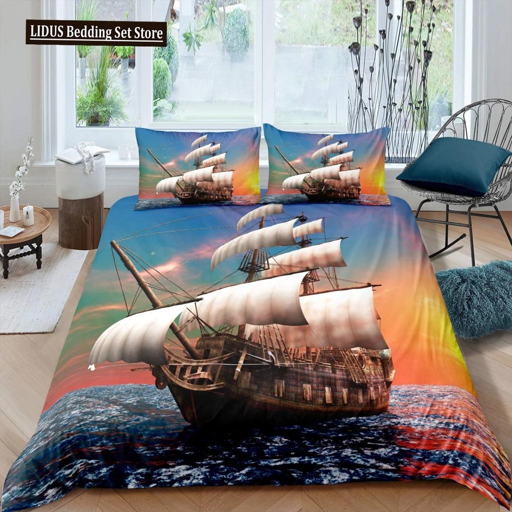 Pirate Duvet Cover Set Queen Sailboat Comforter Set Nautical Ocean Bedding Set Cool Style Quilt Co
