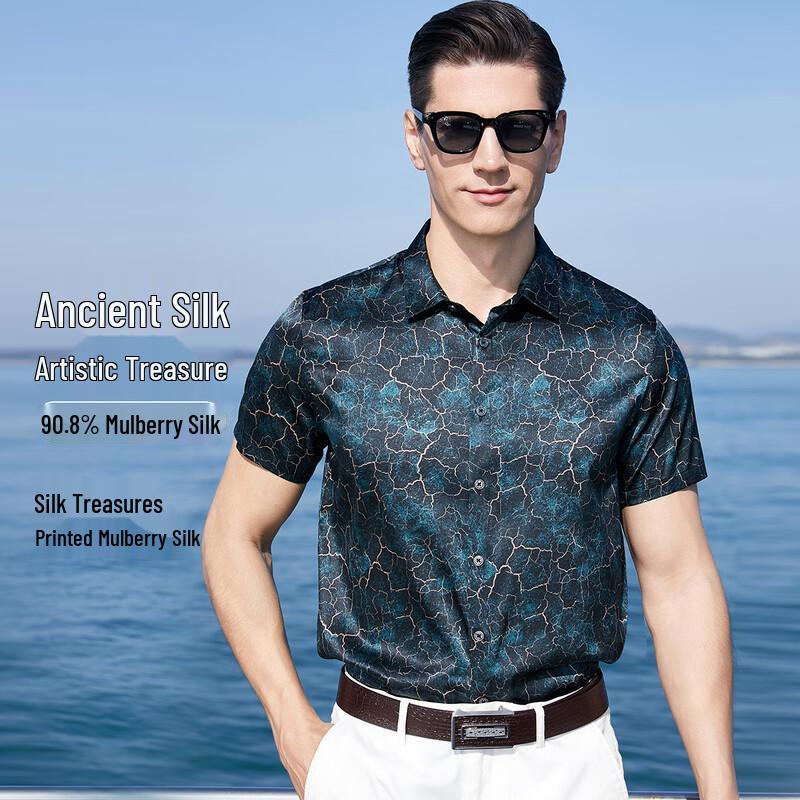 Men s Luxury Mulberry Silk Blend Short-Sleeve Shirt XXL