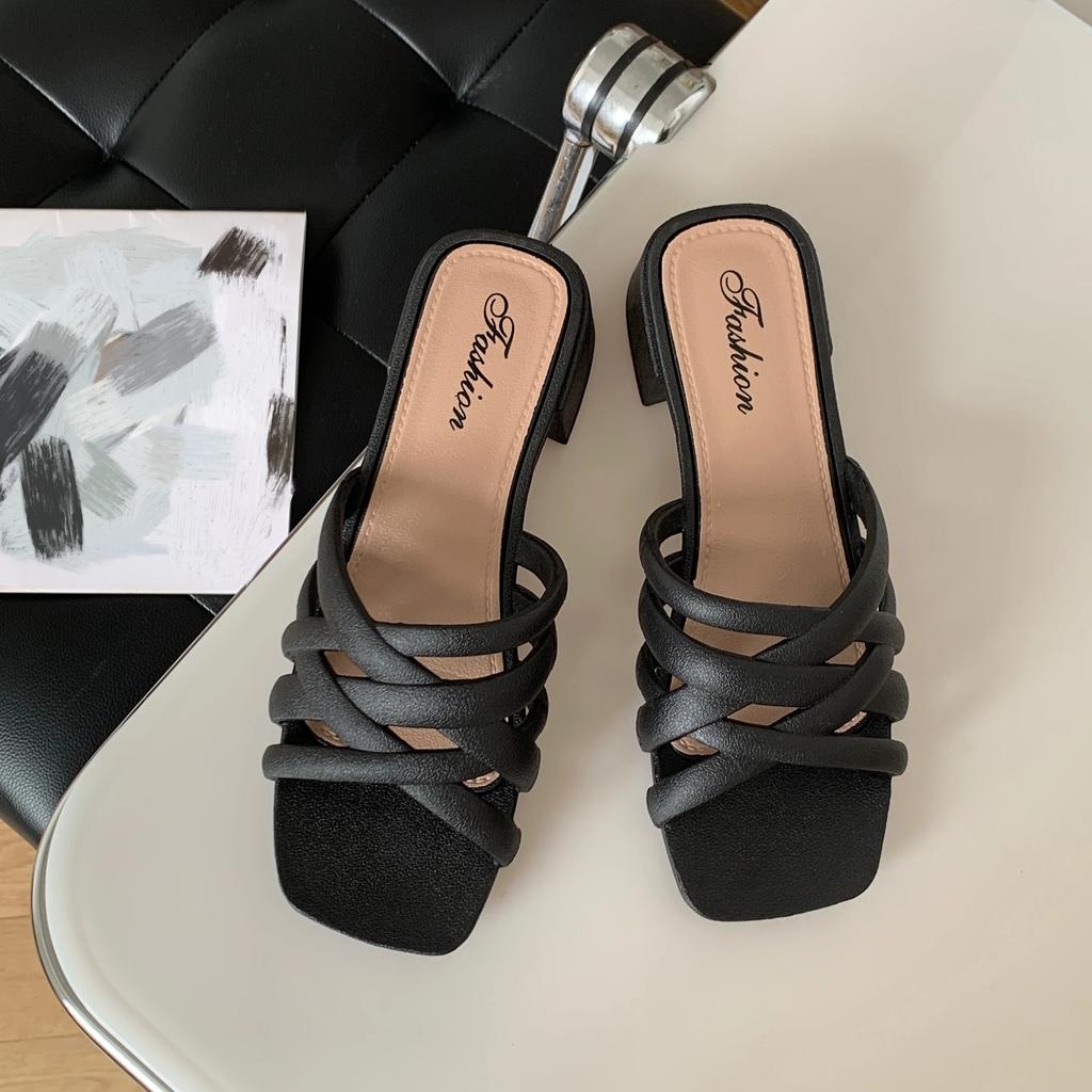 Fashion Women's Fashionable Summer PVC Outerwear Mid-heel Slippers, Casual Beach New Thick-heel Sandals, Hollow Women's Shoes