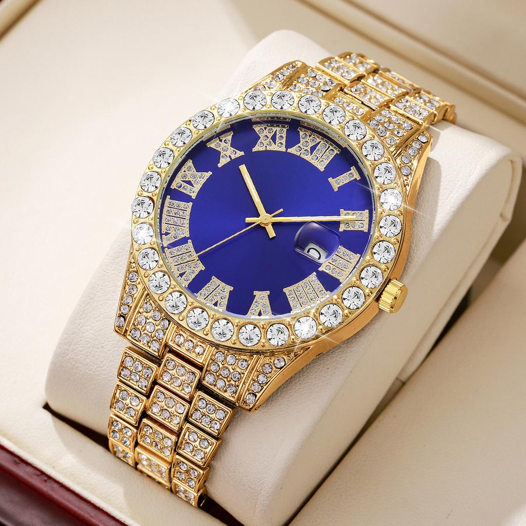 Fashion Full Diamond Men's Watch Stainless Steel Band Male Quartz Wristwatches Date Calendar Watches