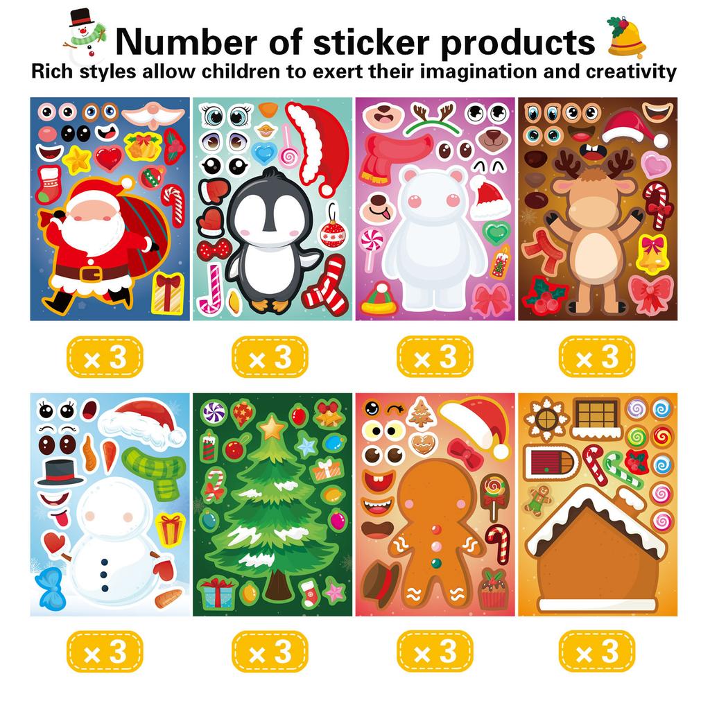 8/24Sheets Christmas Puzzle Stickers Santa Snowman Xmas Tree Make A Face Sticker Kids New Year Party Favors Toy Gift Decorations