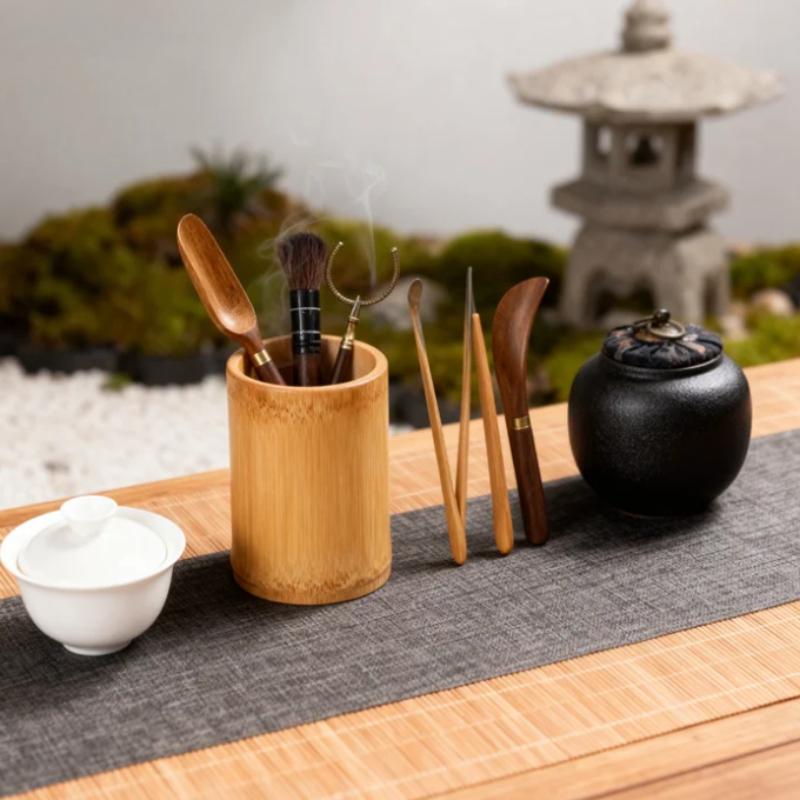 Black Sandalwood Tea Ceremony Six Gentlemen Set with Bamboo Wood Tools Includes Spoon Tongs Needle Brush Complete Accessories