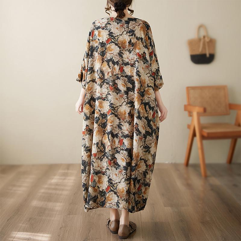 Dimanaf 2025 Summer Dress New Printing Casual Loose Floral Women Vintage Plus Size Dress O-Neck Dress Maxi