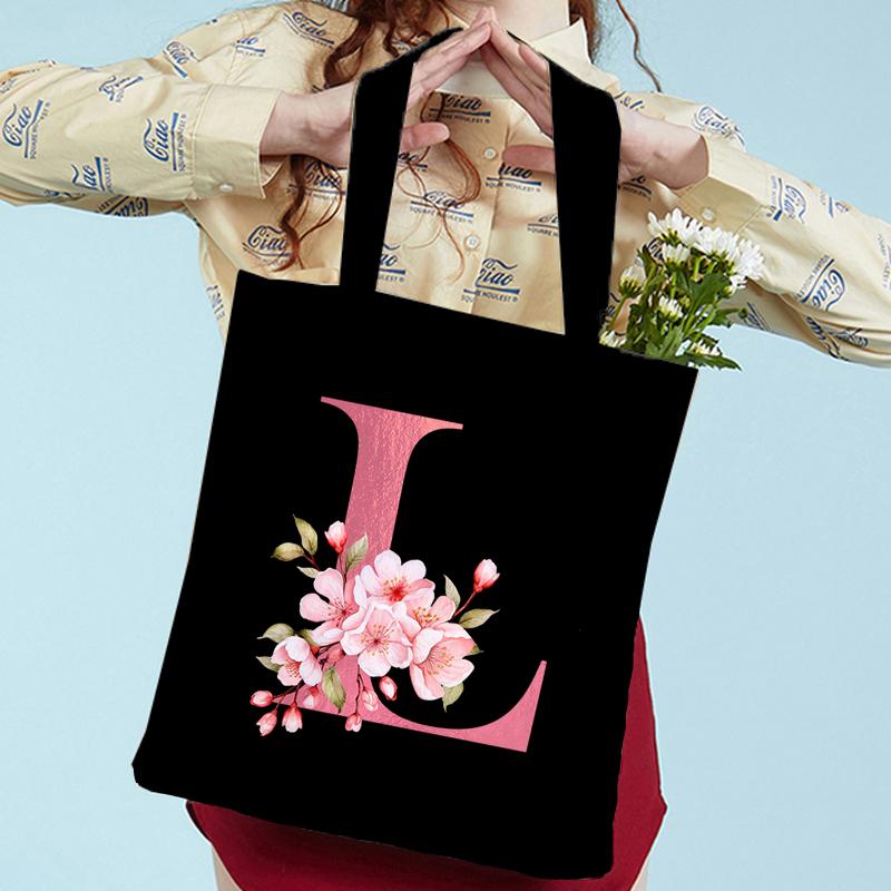 Pink Sakura Handbags Women Eco Reusable Tote Bag Cherry Blossom College Canvas Bag Vintage Sakura Alphabet Ladies Shoulder Bag