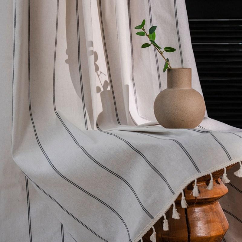 American Style Cotton Linen Black Stripe Yarn-dyed Simple Tassels Window Curtain Blackout Valance Luxury Living Room Curtains