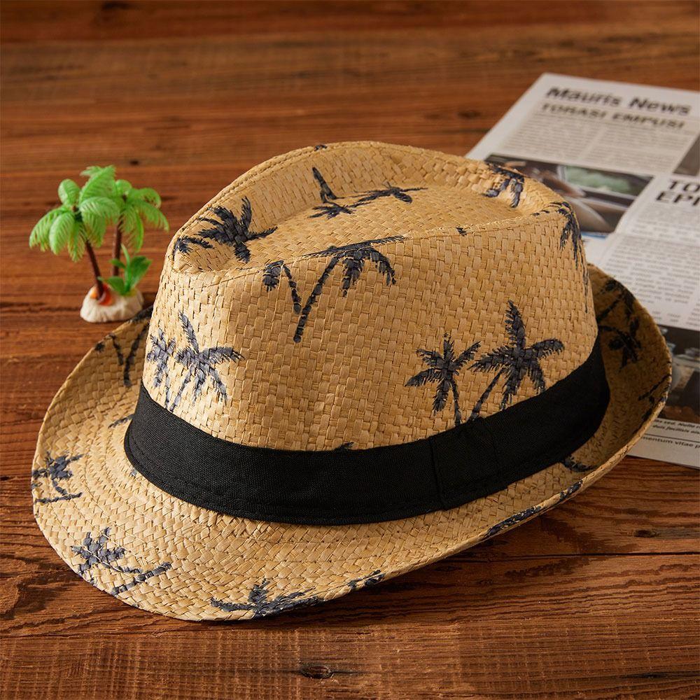 UV Protection Straw Hat Coconut Trees Pattern Jazz Hat Summer Panama Cap  Children Kids